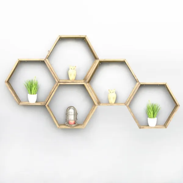 Kalune Design Sada 5 nástěnných polic HEX ořech