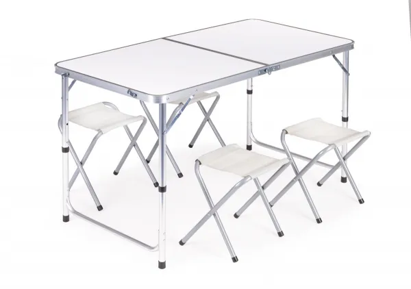 Turistický stôl, skladací stôl, sada 4 stoličiek Biela G00546