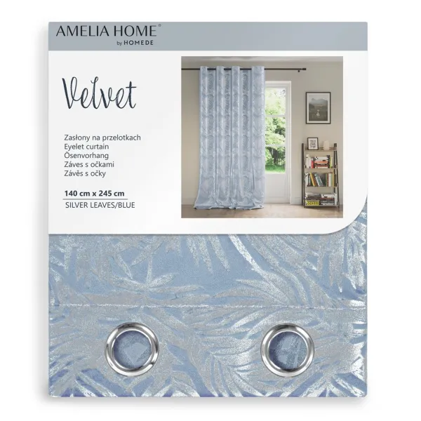Záves AmeliaHome Velvet Silver Leaves s priechodkami 140x245 cm modrý, veľkosť 140x245