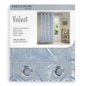 Záves AmeliaHome Velvet Silver Leaves s priechodkami 140x245 cm modrý, veľkosť 140x245