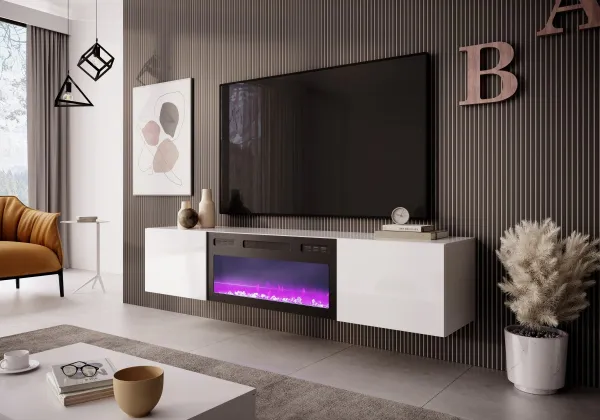 HALMAR Závěsný TV stolek LICO s krbem 180 cm bílý