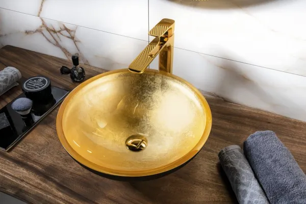 SAPHO - MURANO BLACK-GOLD sklenené umývadlo na dosku, priemer 40cm, zlata/čierna AL5318-77