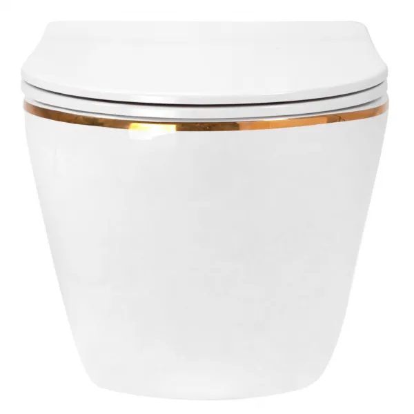 REA - Závesná WC misa vrátane sedátka Carlo Mini Flat biela/zlatý prúžok REA-C1222
