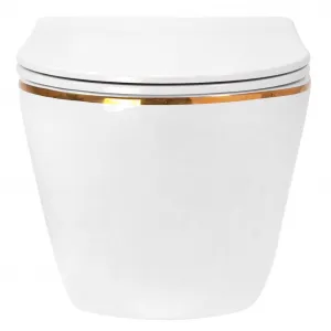 REA - Závesná WC misa vrátane sedátka Carlo Mini Flat biela/zlatý prúžok REA-C1222