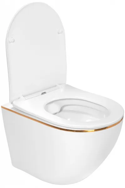REA - Závesná WC misa vrátane sedátka Carlo Mini Flat biela/zlatý prúžok REA-C1222