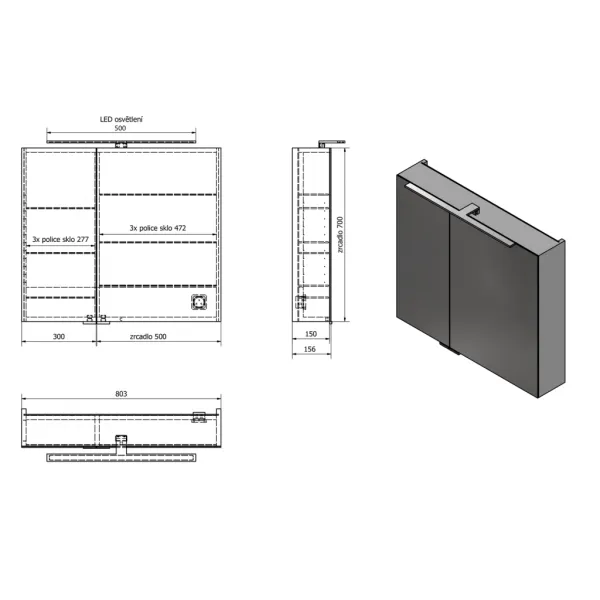 SAPHO - MIRRÓ galérka s LED osvetlením, 80x70x16cm, biela MC080-0030