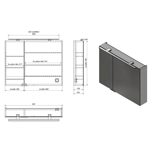 SAPHO - MIRRÓ galérka s LED osvetlením, 90x70x16cm, biela MC090-0030