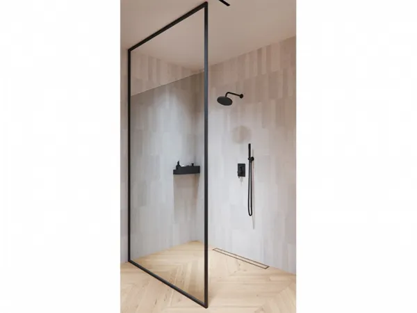 BESCO - Walk-in sprchovací kút ICON - Farba rámu zásteny - Hliník čierny, Rozmer A - 110, Rozmer C - 200, Smer zatváranie - Univerzálny Ľavé / Pravé, Výplň - Číre bezpečnostné sklo - 8 mm BCICON11BC