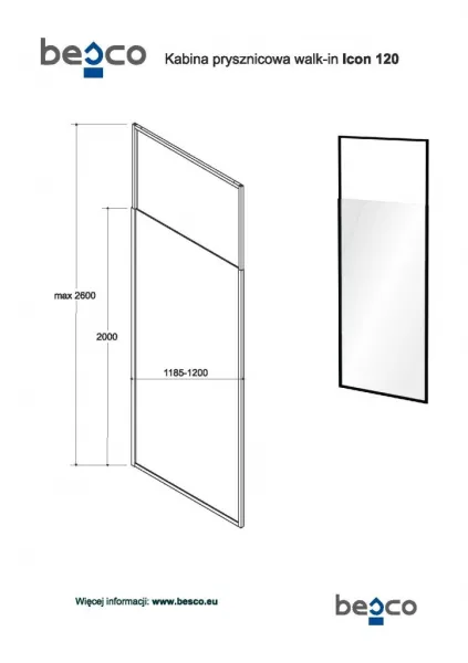 BESCO - Walk-in sprchovací kút ICON - Farba rámu zásteny - Hliník čierny, Rozmer A - 120, Rozmer C - 200, Smer zatváranie - Univerzálny Ľavé / Pravé, Výplň - Číre bezpečnostné sklo - 8 mm BCICON12BC