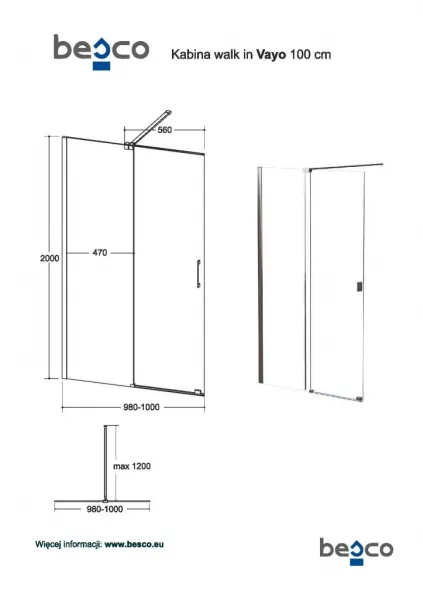 BESCO - Walk-in sprchovací kút VAYO - Farba rámu zásteny - Hliník chróm, Rozmer A - 100, Rozmer C - 200, Smer zatváranie - Univerzálny Ľavé / Pravé, Výplň - Číre bezpečnostné sklo - 8 mm BCVAYO100CC