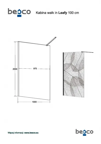 BESCO - Walk-in sprchovací kút LEAFY - FARBA rámu - Čierna, Rozmer A - 100, Rozmer C - 200, Smer zatvárania - Univerzálny Ľavé / Pravé, Výplň - Maľované bezpečnostné sklo - 8 mm BCLEAFY100