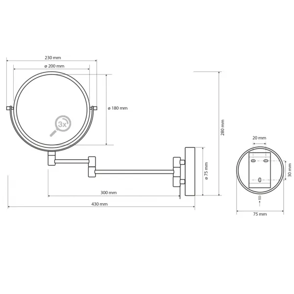 SAPHO - X-ROUND BLACK kozmetické zrkadlo závesné priemer 180, čierna XR006B