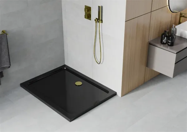 Obdĺžniková sprchová vanička MEXEN FLAT SLIM 120x90 cm čierna + zlatý sifón