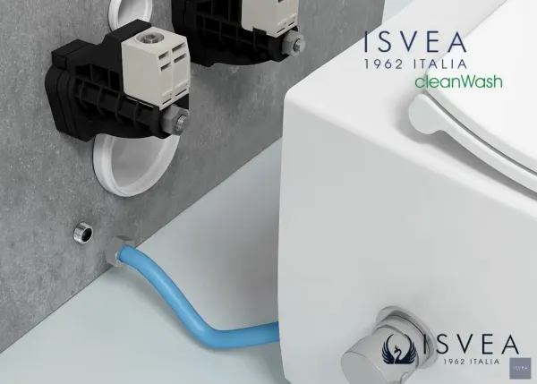 ISVEA - INFINITY CLEANWASH závesná WC misa, integrovaný ventil a bidetová spŕška, Rimless, 36,5x53cm, biela 10NFS1001I