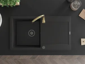Granitový dřez s kuchyňskou baterií MEXEN LEO černý/zlatý