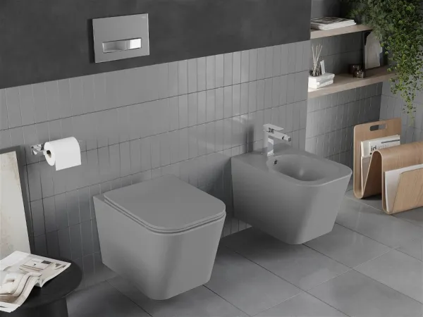 MEXEN - Teo Závesná WC misa Rimless vrátane sedátka s slow, Duroplast, svetlo šedá mat 30854061