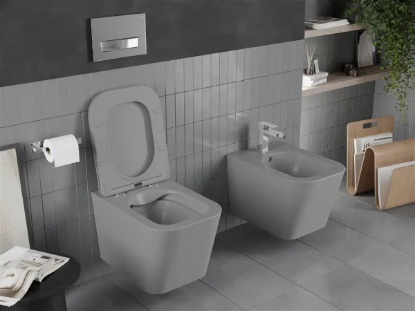 MEXEN - Teo Závesná WC misa Rimless vrátane sedátka s slow, Duroplast, svetlo šedá mat 30854061