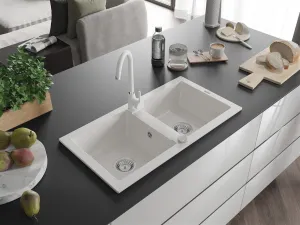 Dvoukomorový granitový dřez MEXEN MARIO s kuchyňskou baterií bílý