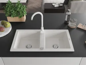 Dvoukomorový granitový dřez MEXEN MARIO s kuchyňskou baterií bílý