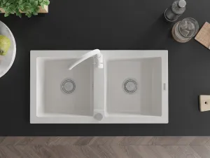 Dvoukomorový granitový dřez MEXEN MARIO s kuchyňskou baterií bílý