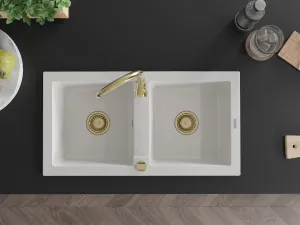 Dvoukomorový granitový dřez MEXEN MARIO s kuchyňskou baterií bílý/zlatý