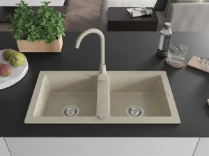 Dvoukomorový granitový dřez MEXEN MARIO s kuchyňskou baterií béžový