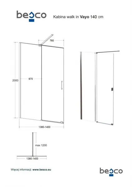 BESCO - Walk-in sprchovací kút VAYO - FARBA rámu - Chróm / Leštený hliník (ALU), Rozmer A - 140, Rozmer C - 200, Smer zatvárania - Univerzálne Ľavé / Pravé, Výplň - Číre bezpečnostné sklo - 8 mm BCVAYO140CC