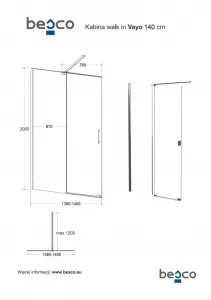 BESCO - Walk-in sprchovací kút VAYO - FARBA rámu - Chróm / Leštený hliník (ALU), Rozmer A - 140, Rozmer C - 200, Smer zatvárania - Univerzálne Ľavé / Pravé, Výplň - Číre bezpečnostné sklo - 8 mm BCVAYO140CC