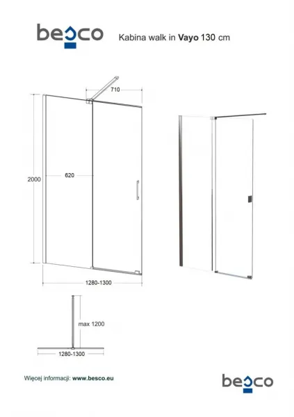 BESCO - Walk-in sprchovací kút VAYO - FARBA rámu - Chróm / Leštený hliník (ALU), Rozmer A - 130, Rozmer C - 200, Smer zatvárania - Univerzálne Ľavé / Pravé, Výplň - Číre bezpečnostné sklo - 8 mm BCVAYO130CC