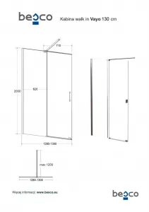 BESCO - Walk-in sprchovací kút VAYO - FARBA rámu - Chróm / Leštený hliník (ALU), Rozmer A - 130, Rozmer C - 200, Smer zatvárania - Univerzálne Ľavé / Pravé, Výplň - Číre bezpečnostné sklo - 8 mm BCVAYO130CC