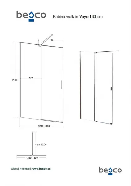 BESCO - Walk-in sprchovací kút VAYO - FARBA rámu - Chróm / Leštený hliník (ALU), Rozmer A - 130, Rozmer C - 200, Smer zatvárania - Univerzálne Ľavé / Pravé, Výplň - Číre bezpečnostné sklo - 8 mm BCVAYO130CC
