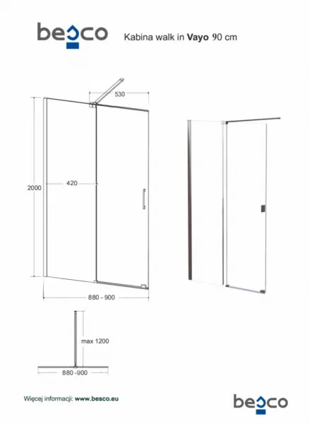 BESCO - Walk-in sprchovací kút VAYO - FARBA rámu - Chróm / Leštený hliník (ALU), Rozmer A - 90, Rozmer C - 200, Smer zatvárania - Univerzálne Ľavé / Pravé, Výplň - Číre bezpečnostné sklo - 8 mm BCVAYO90CC