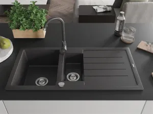 Granitový kuchynský drez s batériou MEXEN ANDRES s čiernou škvrnou