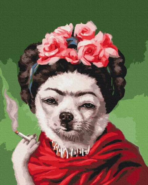 Maľovanie podľa čísiel pes s cigaretou inšpirovaný Fridou