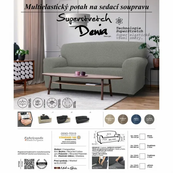 Poťah na sedačku multielastický, Denia, modrý štvorkreslo - š. 220 - 260 cm