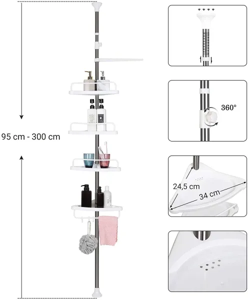 SONGMICS Teleskopická rohová polica do kúpeľne 95-305 cm biela