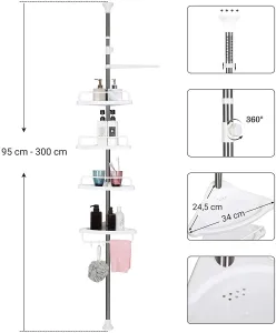 SONGMICS Teleskopická rohová polica do kúpeľne 95-305 cm biela