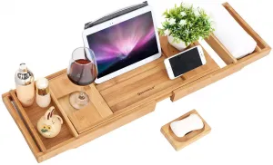 SONGMICS Podnos na vaňu bambusový prírodný 75-109 cm