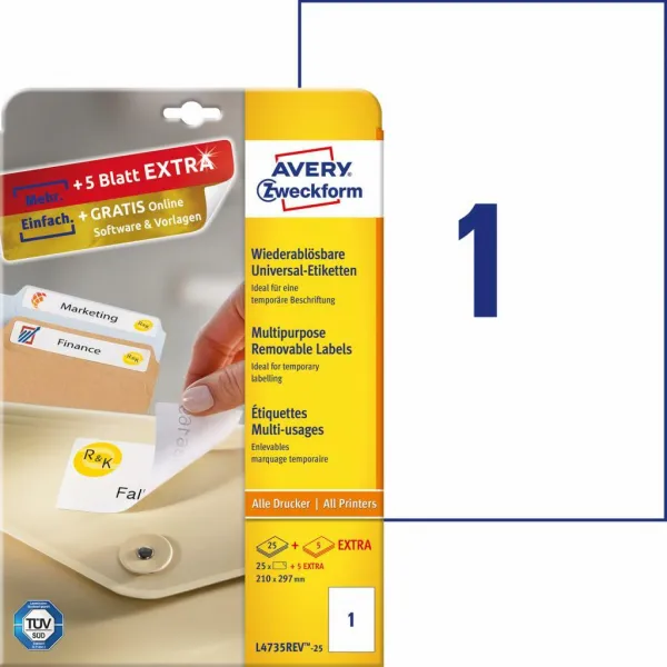 Avery Zweckform Etikety univerzálne odnímateľné 210x297mm Avery A4 25+5 hárkov