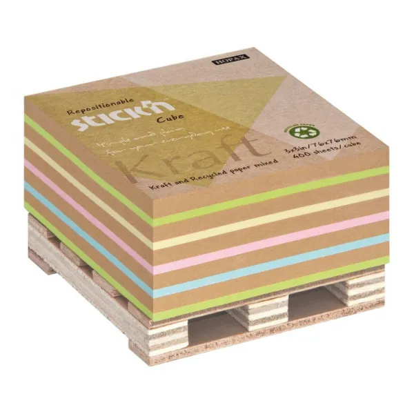 Stick`n by Hopax Bloček kocka lepiaca na paletke 76x76mm 400 lístkov mix Kraft a pastel