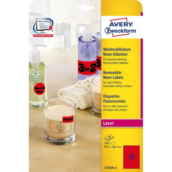 Avery Zweckform Etikety Avery odnímateľné 99,1x38,1 mm neónové červené