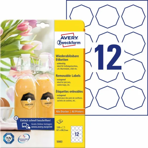 Avery Zweckform Etikety osemhranné 61x60,3mm Avery 10 hárkov biele