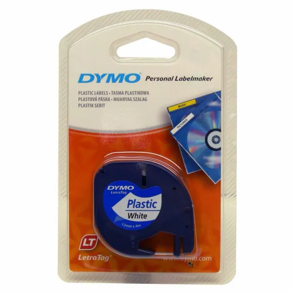 Dymo originál páska do tlačiarne štítkov, Dymo, 91221, S0721660, čierny tlač/biely podklad, 4m, 12mm, LetraTag plastová páska S0721660