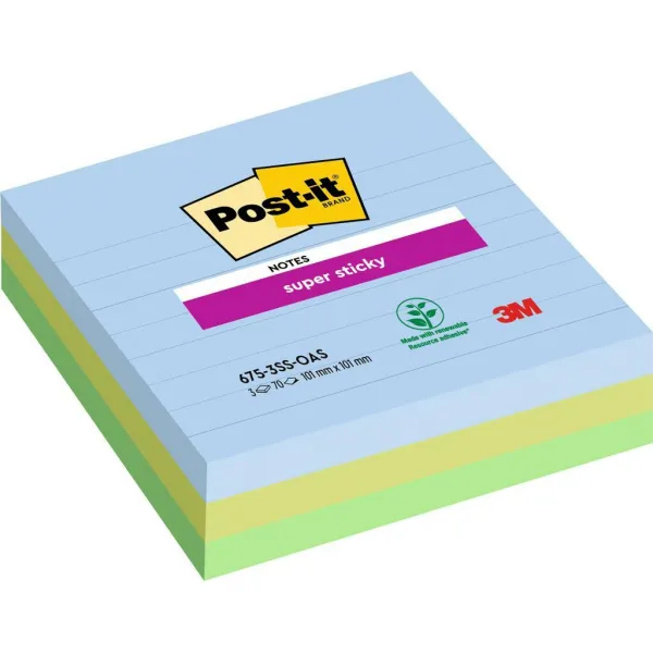 Bloček Post-it Super Sticky OASIS, veľkosť 101x101 mm XL, linajkové, 3 bločky po 70 lístkov