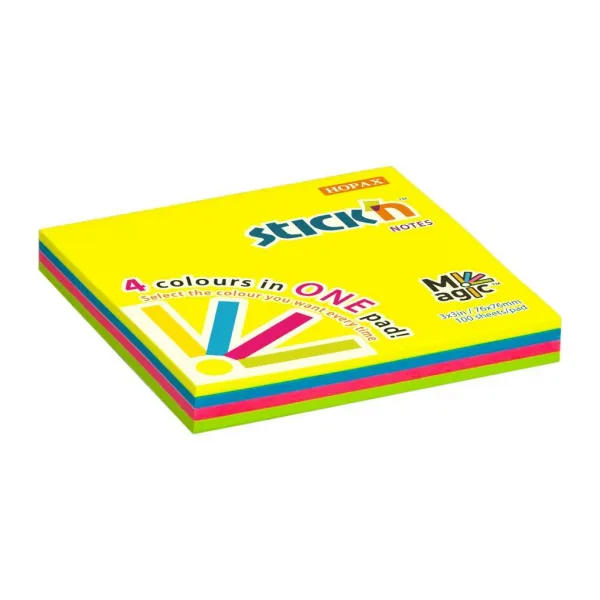 Stick`n by Hopax Samolepiaci bloček 76x76mm MAGIC 4 neónové farby 100 lístkov