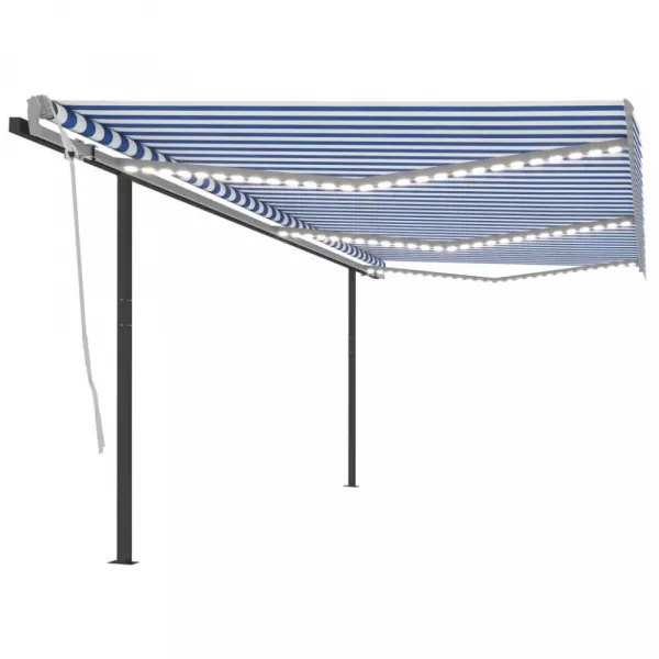 Ručne zaťahovacia markíza so stĺpikmi a LED svetlom 350x250 cm Dekorhome Bílá / modrá