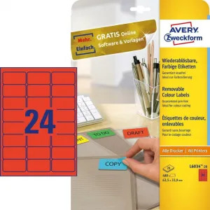 Avery Zweckform Etikety Avery odnímateľné 63,5x33,9 mm, červené