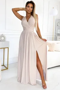 Numoco Brokátové spoločenské šaty s rozparkom JUSTINE 362-8 Farba: Modrá, Veľkosť: M