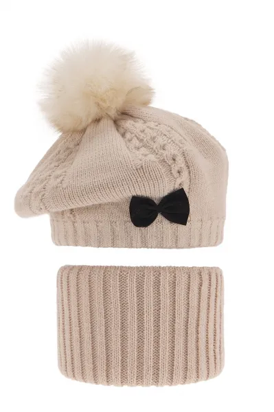 Fashionkids Dievčenský zimný set baretka a nákrčník s brmbolcom AMORA Farba: Sivá, Veľkosť: 48-50