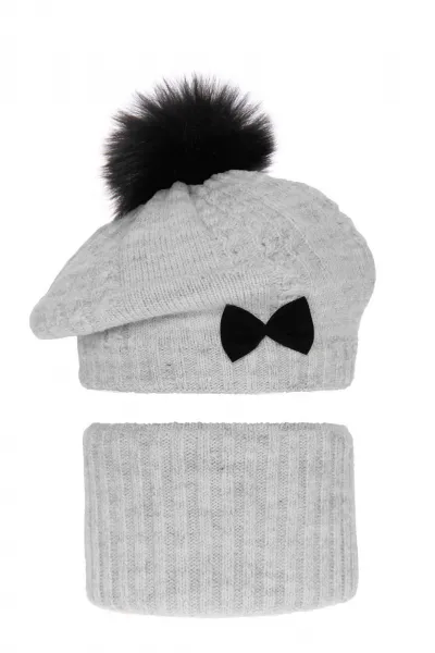 Fashionkids Dievčenský zimný set baretka a nákrčník s brmbolcom AMORA Farba: Atrancítová, Veľkosť: 48-50